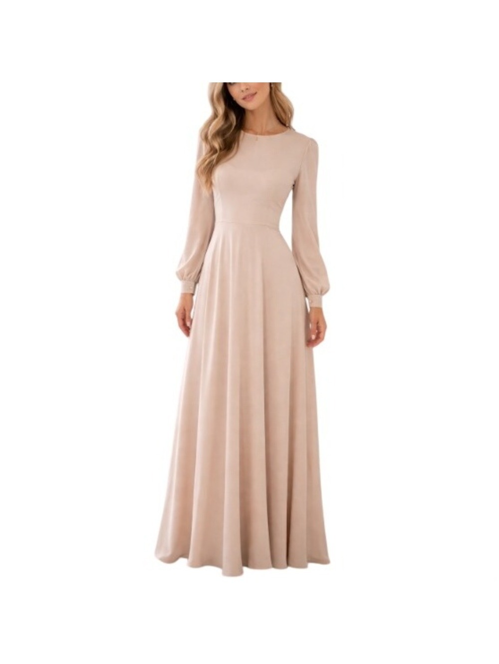 Hijabglamour Champagne Beige Long Sleeve Modest Formal Maxi Dress Size 38 NWT